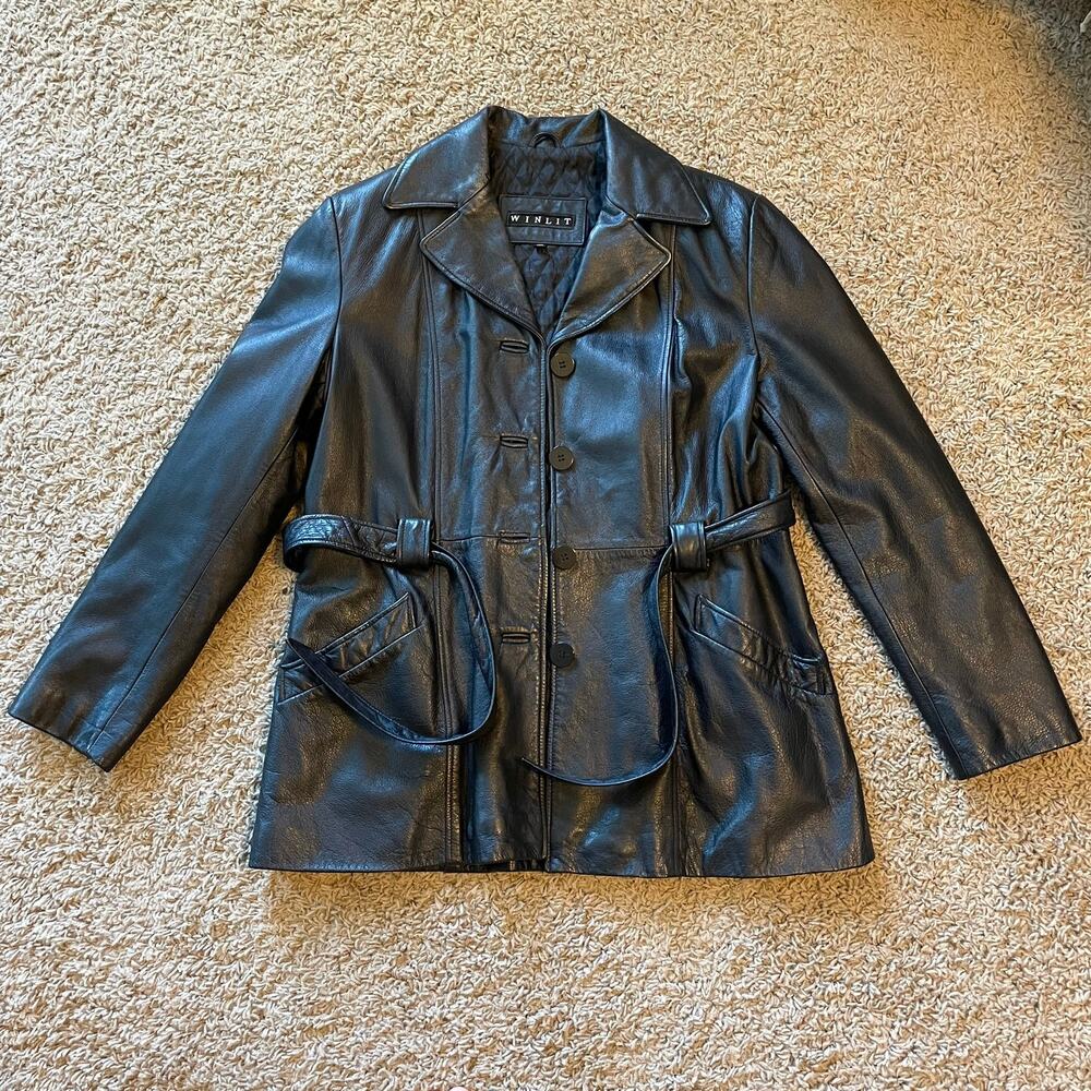 Winlit Vintage Black Leather Trench Jacket Coat Belted 90s Y2K size L